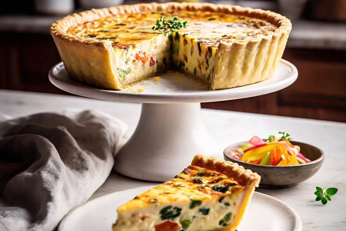 A beautifully baked quiche displayed on a pedestal stand, showcasing a golden crust and vibrant filling. A slice is served on a plate, with a bowl of colorful pickled vegetables in the background.