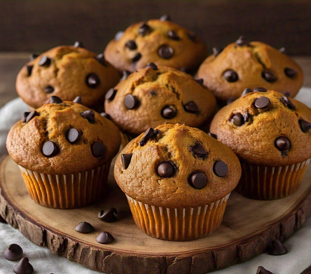 A batch of golden-brown chocolate chip muffins displayed on a rustic wooden platter, with chocolate chips scattered nearby.