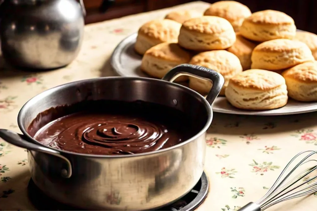 Warm Chocolate Gravy in a Southern Kitchen A saucepan filled with rich chocolate gravy placed on a floral tablecloth, accompanied by a tray of freshly baked golden biscuits in the background.