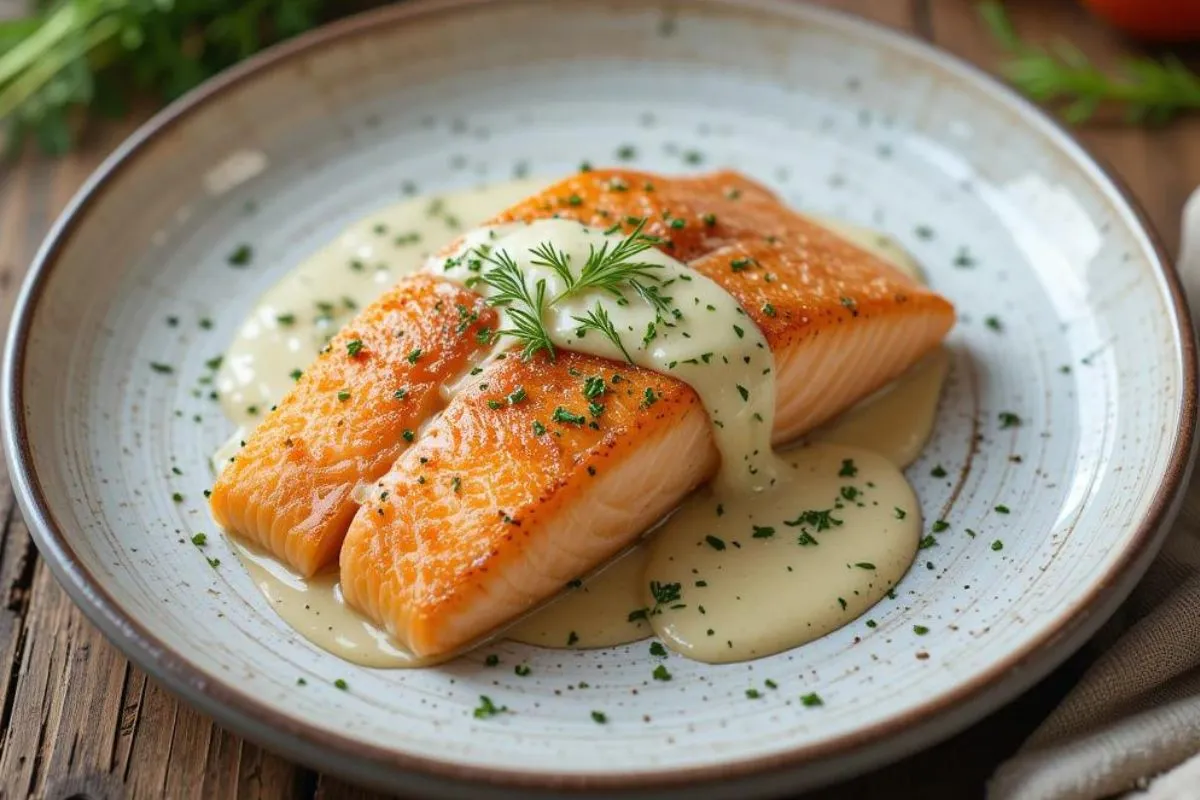 Grilled salmon fillets served with creamy herb sauce, garnished with parsley and dill.