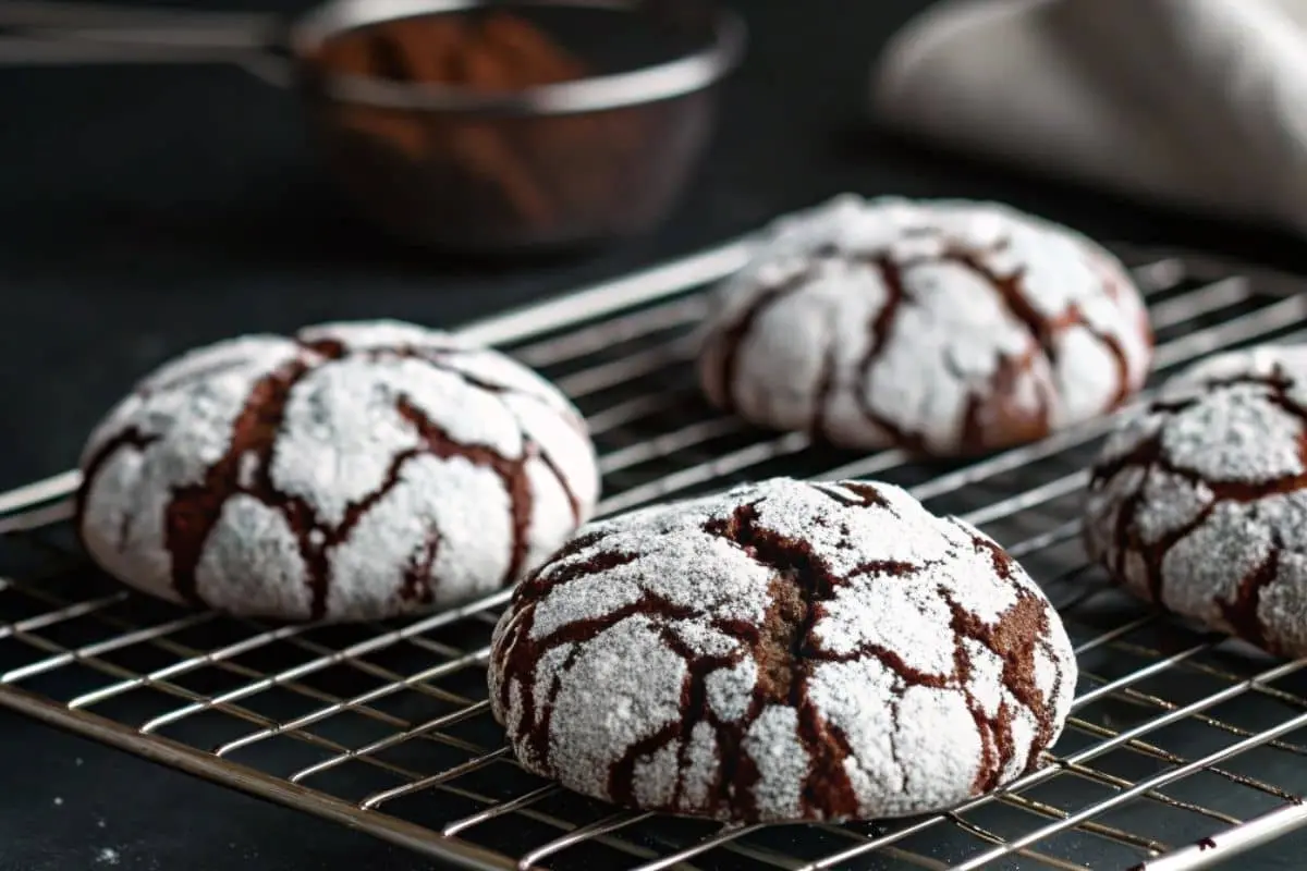 Freshly baked chocolate Cool Whip cookies with a powdered sugar crackled finish, cooling on a wire rack.