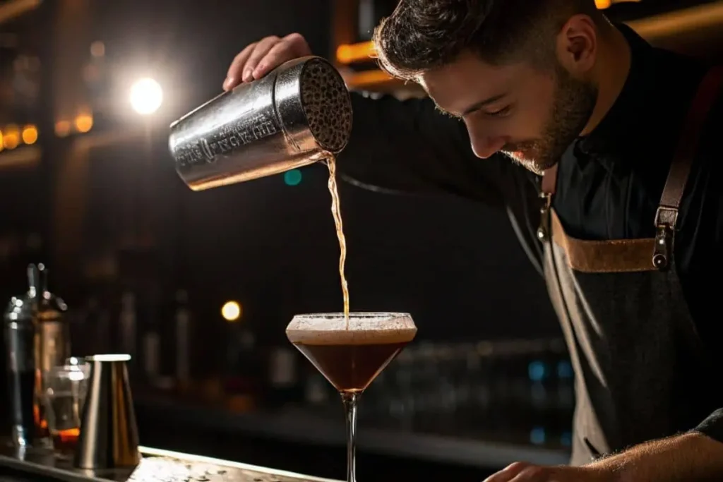 Bartender-Crafting-an-Espresso-Martini A bartender pouring an espresso martini into a frosted glass.