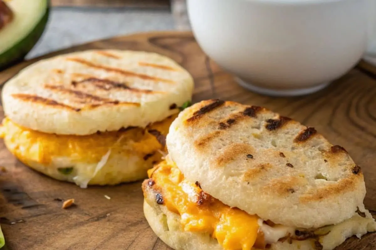 Two grilled Colombian arepas with melted cheese, served on a wooden board alongside a cup of coffee.