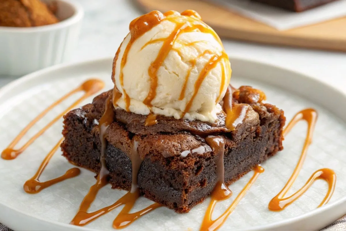 A decadent chocolate brownie topped with a scoop of vanilla ice cream and drizzled with caramel sauce.