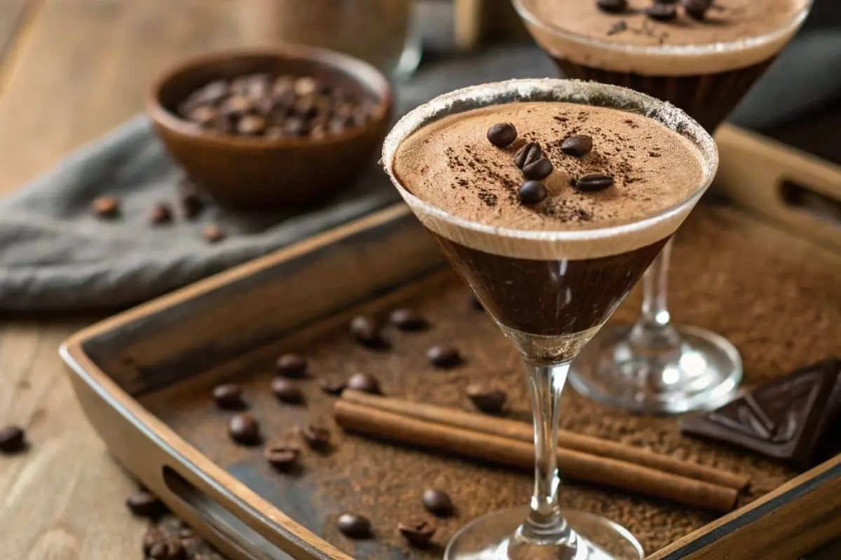 Two Chocolate Espresso Martinis in coupe glasses, garnished with espresso beans, placed on a textured tray with scattered coffee beans and warm rustic decor.