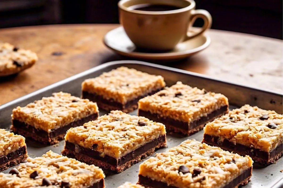 Freshly baked Hello Dolly Bars with golden layers and gooey toppings.