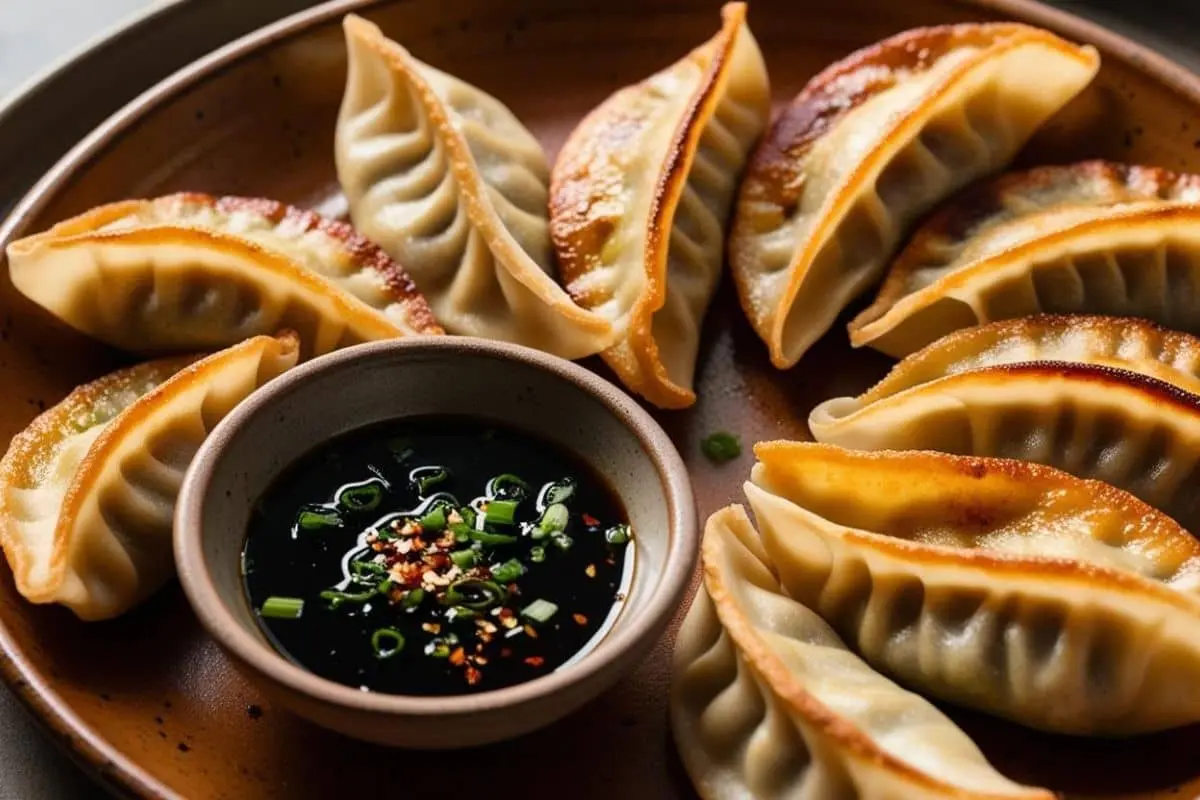 A plate of golden-brown pan-fried dumplings arranged around a bowl of soy dipping sauce with green onions and chili flakes.