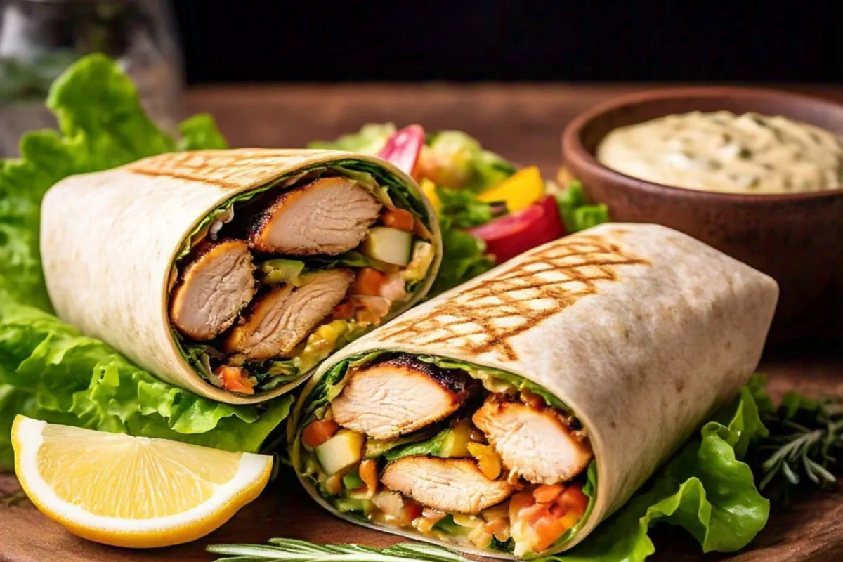 A wrap grilled chicken cut in half on a plate with fresh toppings.