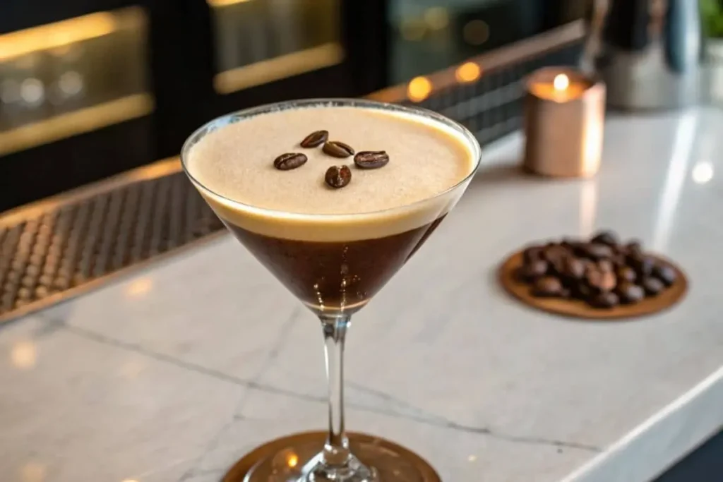 Espresso-Martini-with-the-3-Bean-Rule-Garnish A classic espresso martini garnished with three coffee beans in a triangle pattern.