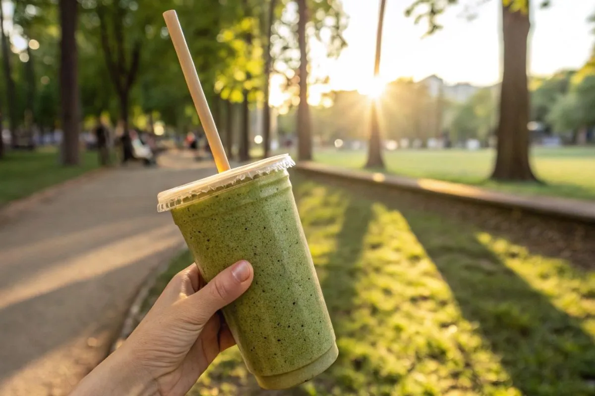 A hand holding a green detox smoothie outdoors in a sunny park.