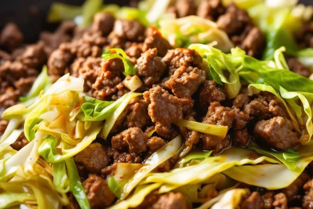 Ground-Beef-and-Sautéed-Cabbage A flavorful combination of ground beef and sautéed cabbage, cooked to perfection and tossed in a savory sauce.