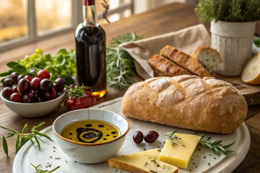 Italian Table with Bread and Olive Oil A rustic Italian table spread with bread, olive oil and balsamic vinegar, cheese, grapes, herbs, and a bottle of balsamic vinegar.