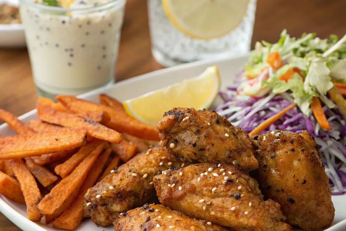 Lemon pepper wings served with coleslaw, sweet potato fries, and a glass of iced tea on a dining table.