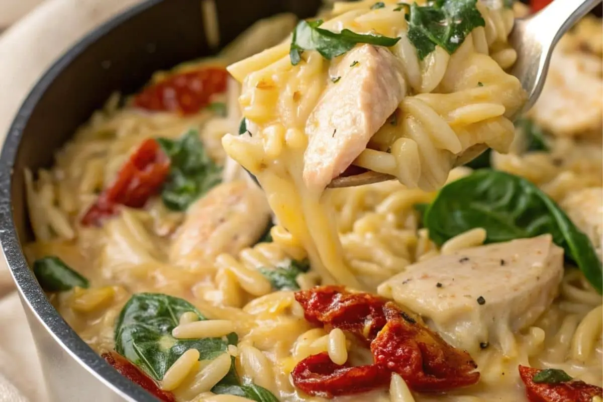 A pan of creamy orzo pasta with chicken, fresh spinach, and sun-dried tomatoes, with a spoon lifting a cheesy, flavorful bite.