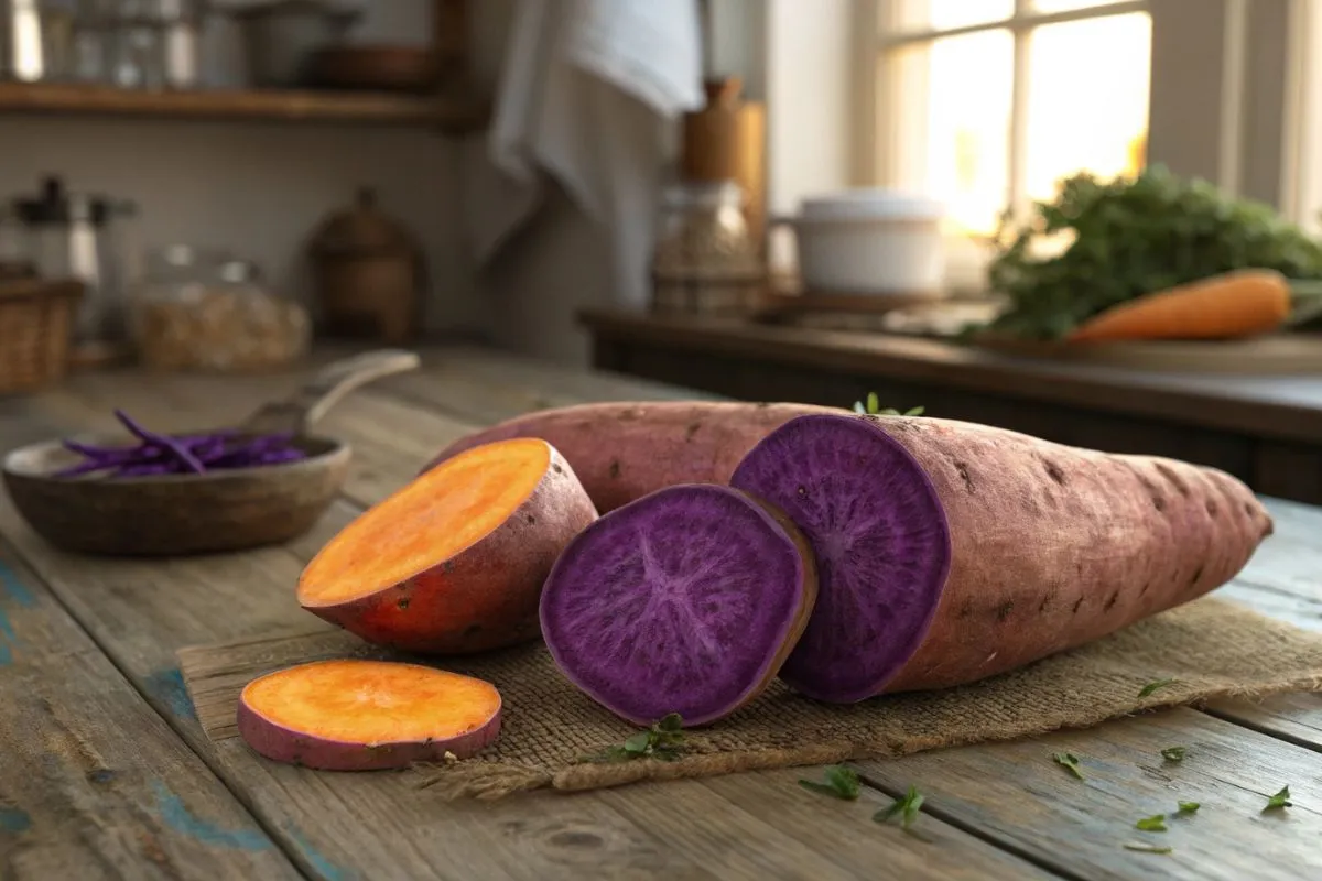 Orange and purple sweet potatoes side by side, surrounded by nutritional icons representing vitamins and antioxidants.