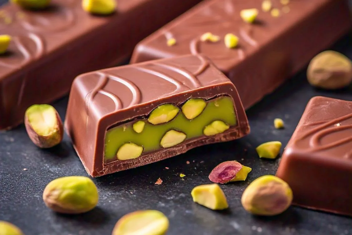 A close-up of a milk chocolate bar filled with vibrant green pistachio cream and whole pistachios, surrounded by scattered pistachio nuts on a dark surface.