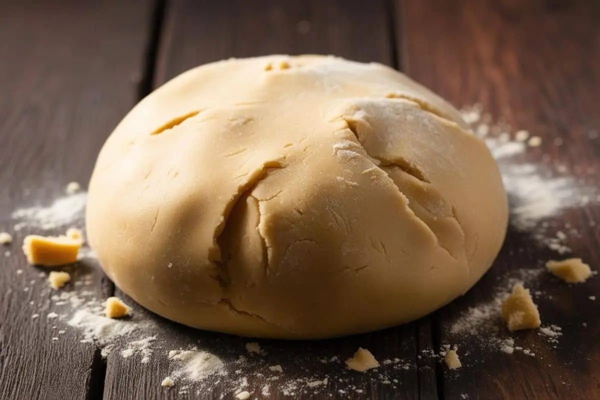 A round ball of homemade pie dough resting on a rustic wooden surface.