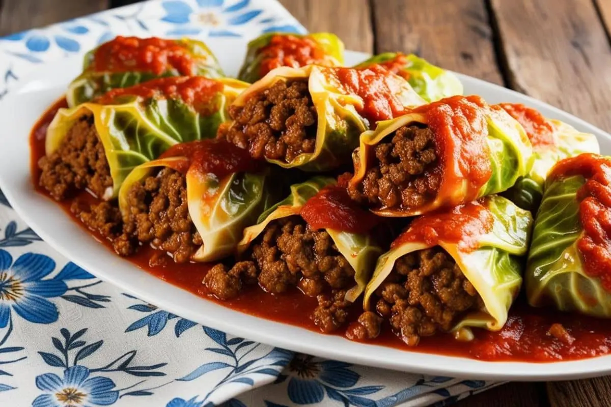 Stuffed cabbage rolls filled with ground meat and covered in tomato sauce, served on a white plate.