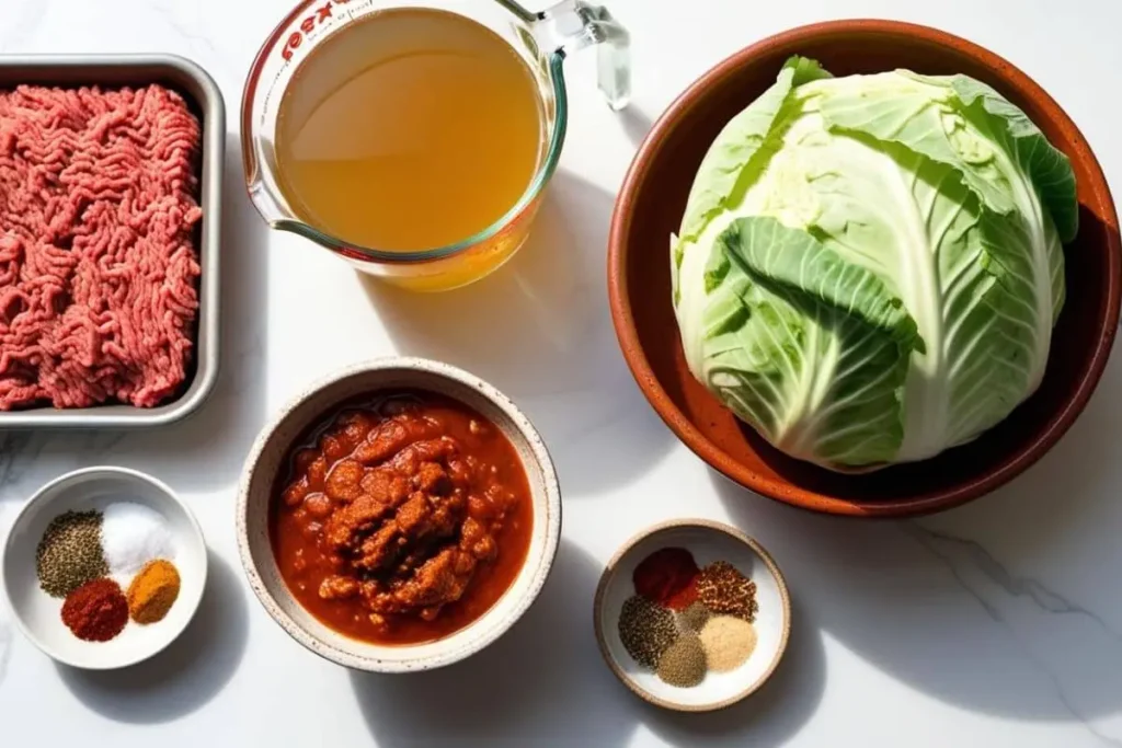 Stuffed-Cabbage-Rolls-Ingredients Ingredients for stuffed cabbage rolls including raw ground beef, a fresh cabbage head, tomato sauce, chicken broth, and assorted spices displayed on a white surface