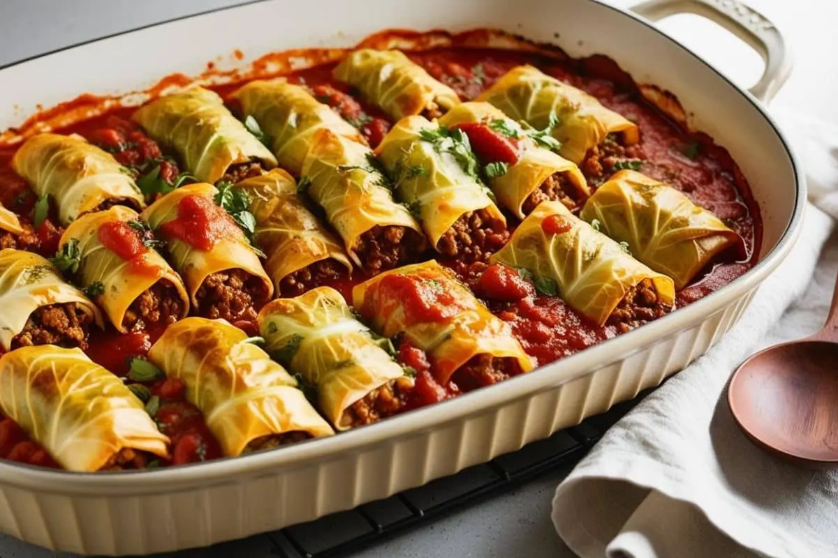 Stuffed cabbage rolls filled with ground beef and rice, baked in rich tomato sauce and garnished with fresh herbs in a ceramic baking dish