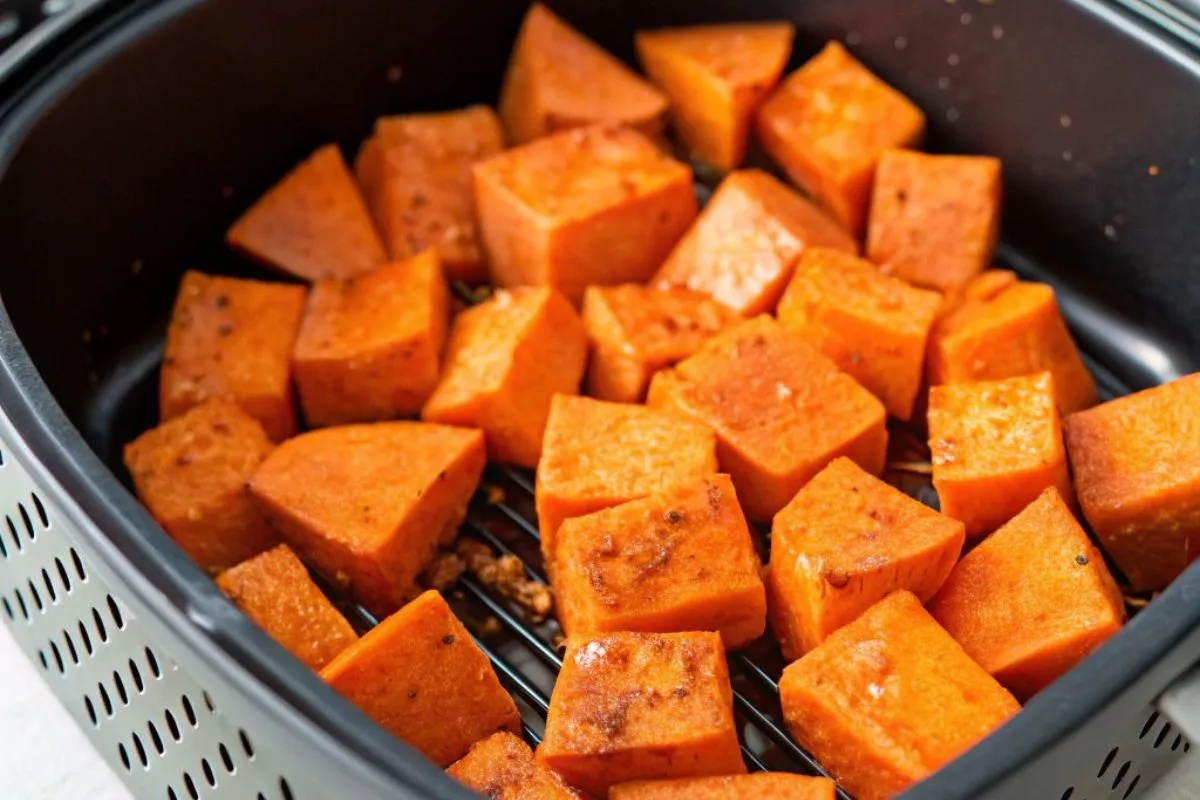 Cut sweet potato pieces in an air fryer basket before cooking.