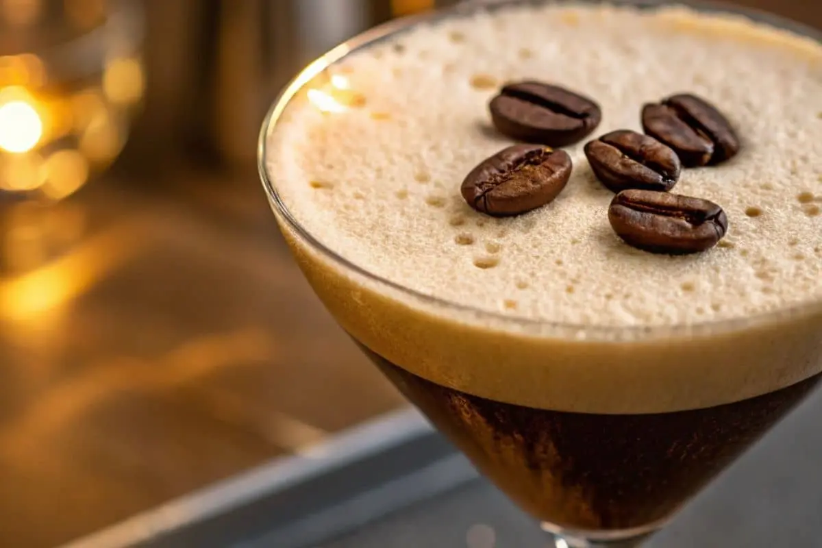 Three coffee beans on the froth of an espresso martini.