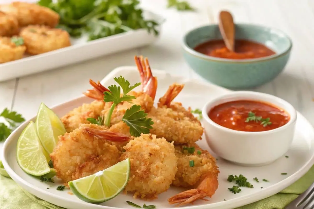 Golden coconut shrimp served on a white plate with lime wedges, parsley garnish, and a small bowl of dipping sauce.