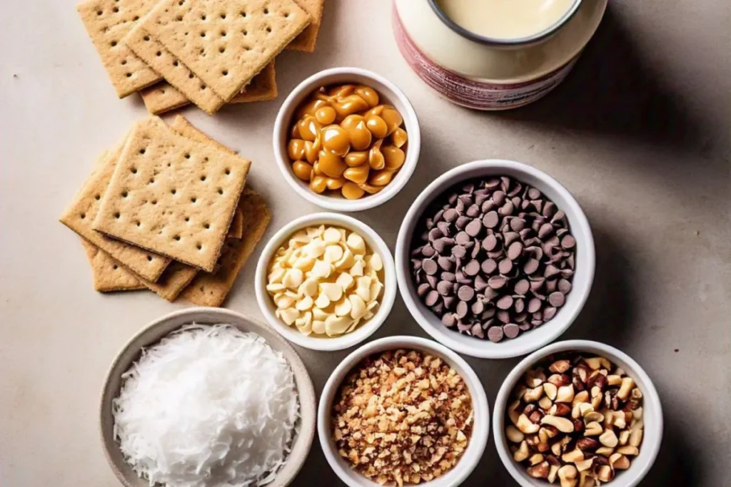 Ingredients for 7-layer bars, including graham crackers, chocolate chips, butterscotch chips, shredded coconut, sweetened condensed milk, and chopped nuts arranged on a countertop.