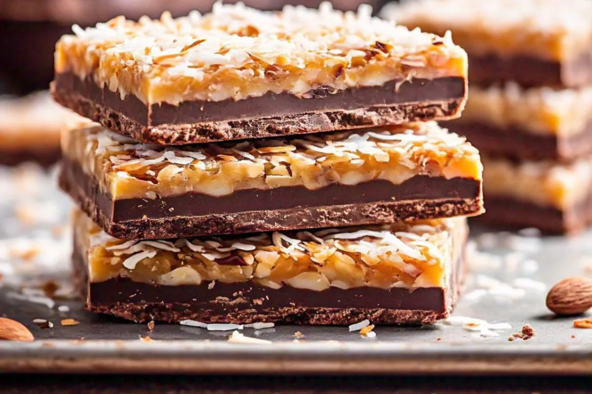 Close-up of 7-layer bars with visible layers of graham cracker crust, chocolate, butterscotch chips, coconut, and condensed milk.