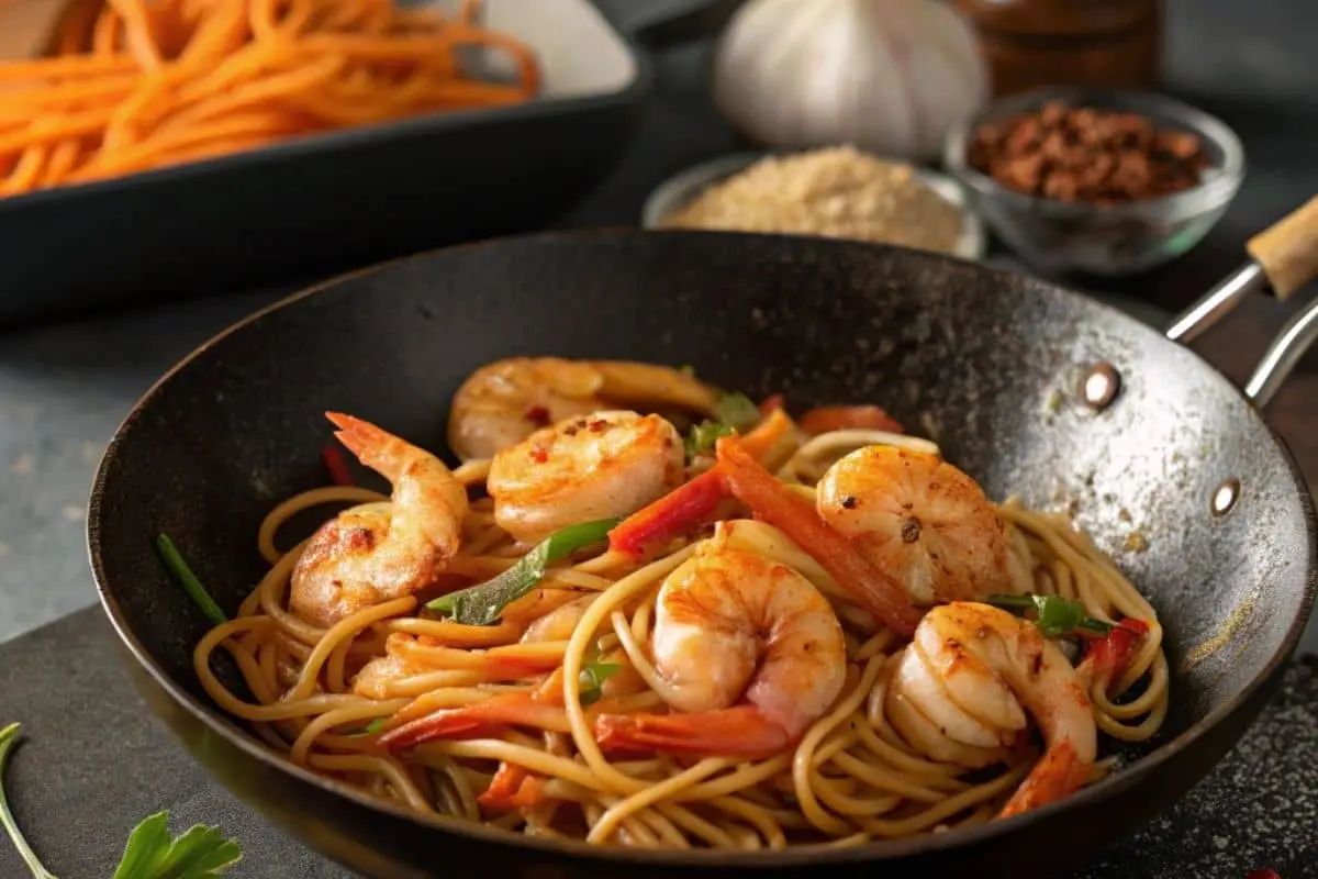 A savory shrimp noodle dish cooked in a wok, featuring sautéed shrimp, spaghetti, and stir-fried vegetables, with visible ingredients like garlic and spices in the background.