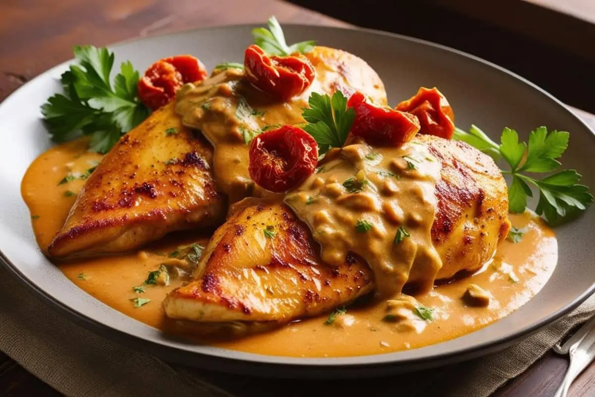 Two golden-seared chicken breasts plated with a rich, creamy tomato sauce, garnished with sun-dried tomatoes and fresh parsley.