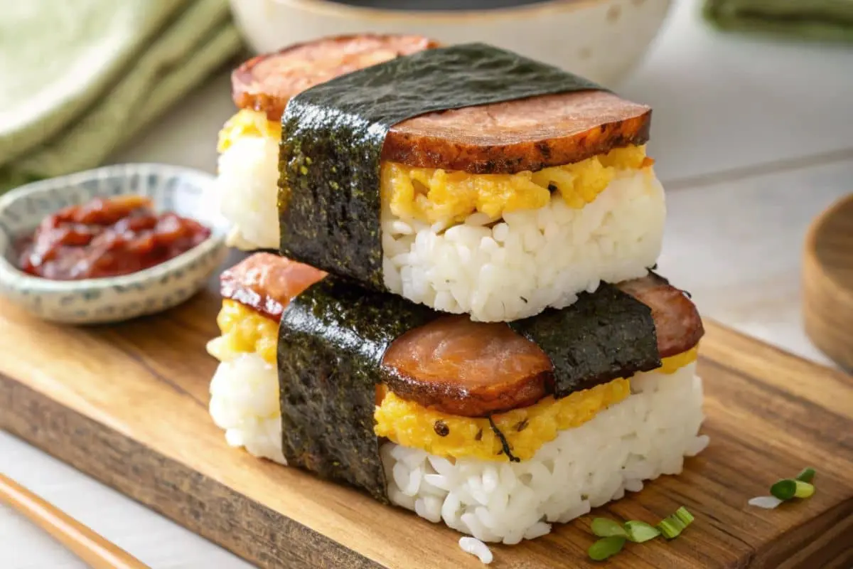 Two stacked Spam musubi with egg, featuring layers of rice, scrambled egg, and grilled Spam wrapped in nori, served on a wooden board.