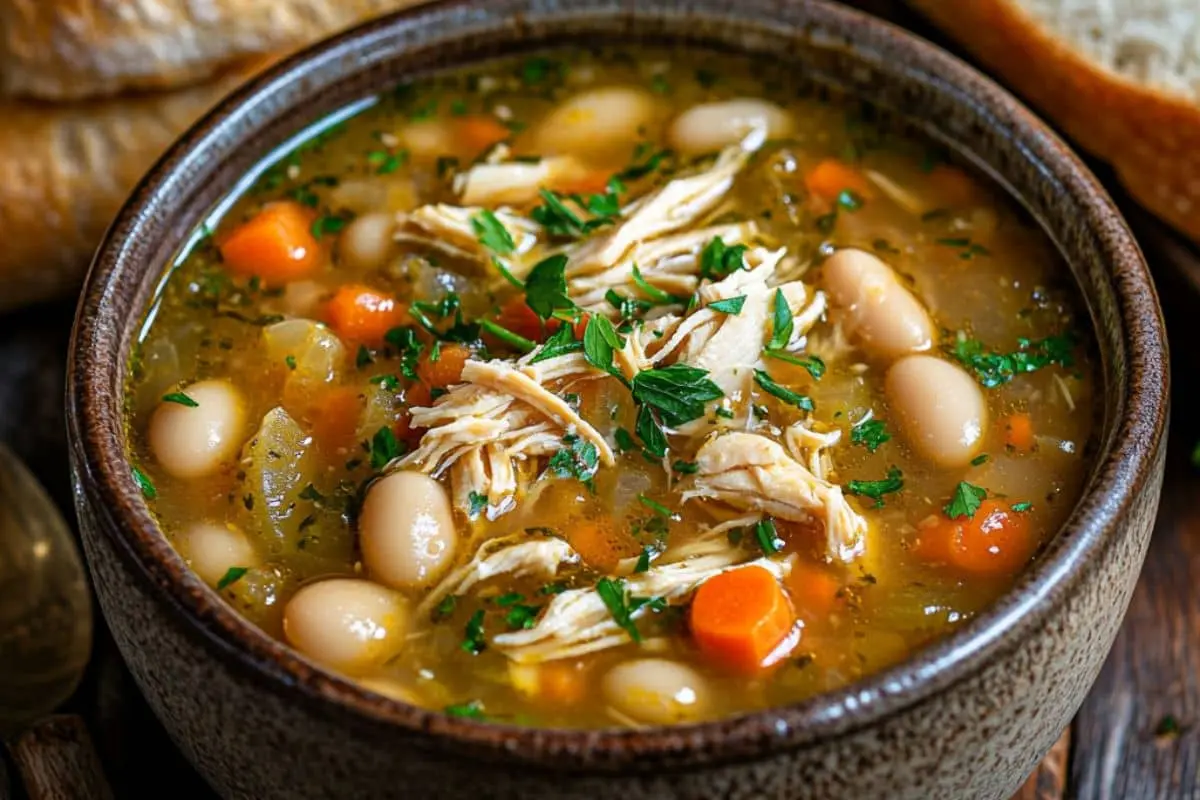 A warm bowl of homemade Chicken White Bean Soup with fresh parsley.