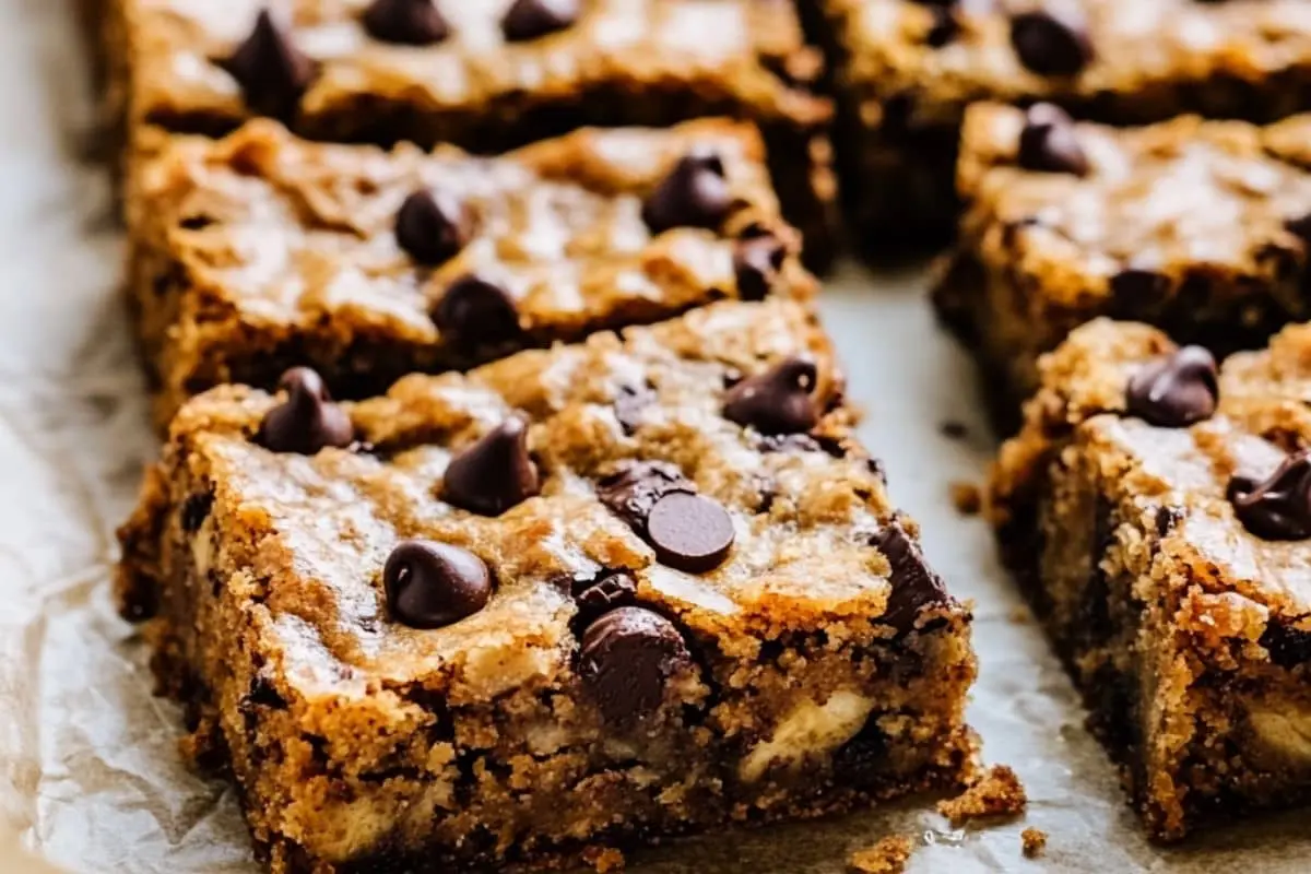 Moist banana chocolate chip bars cut into squares and arranged on parchment paper.