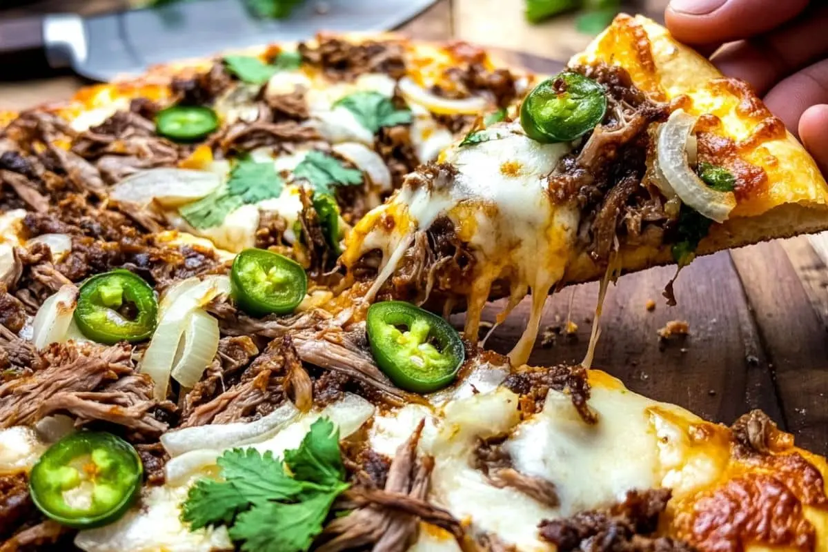 A freshly baked birria pizza sliced into pieces, topped with shredded beef, diced onions, jalapeños, and fresh herbs, with a hand holding a slice.