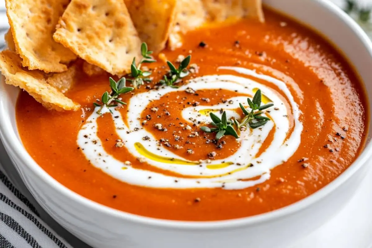 A bowl of creamy tomato soup with a swirl of cream, fresh thyme, and parmesan crackers.