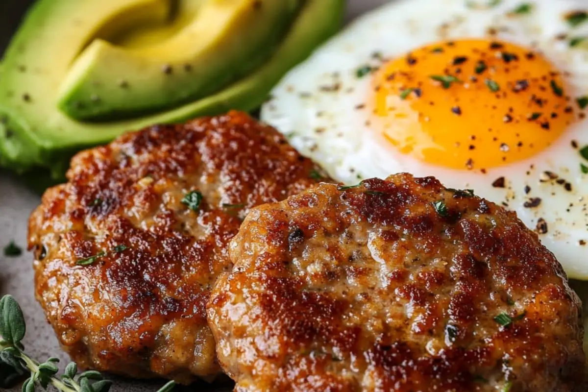 Close-up of crispy, golden-brown chicken sausage patties served with a perfectly cooked fried egg and fresh avocado slices.