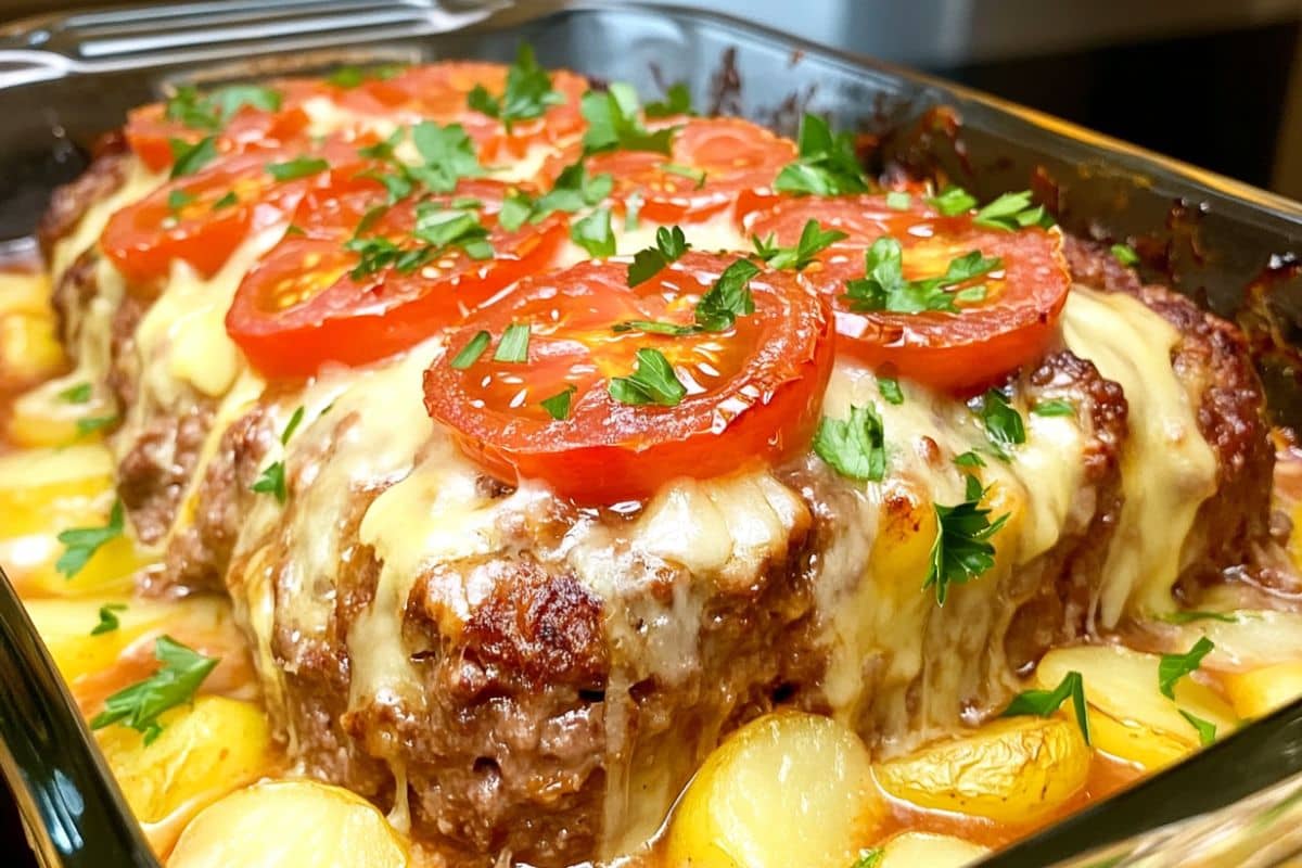 A juicy, golden-brown meatloaf with a caramelized glaze and melted cheese.