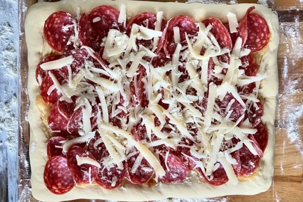  Rectangular pizza dough topped with pepperoni, salami, and shredded cheese on a wooden board.