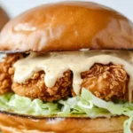 A crispy hot honey chicken sandwich with creamy sauce and lettuce on a toasted brioche bun.