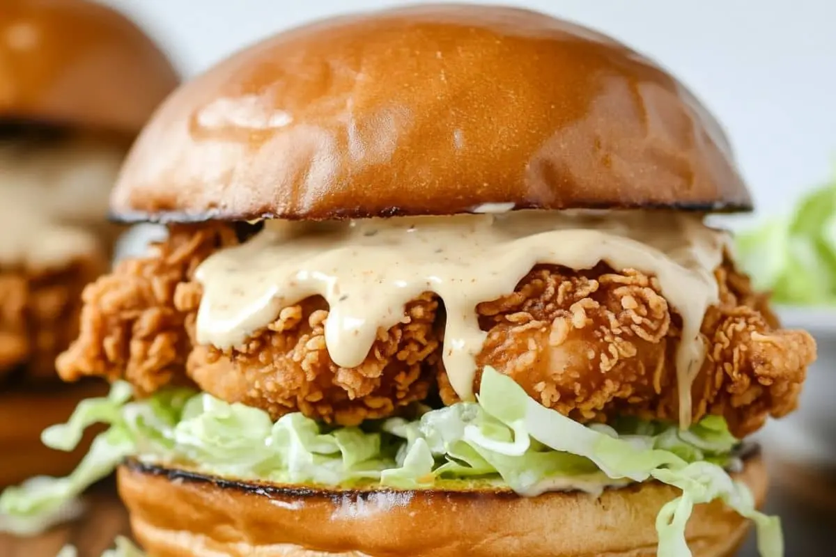 A crispy hot honey chicken sandwich with creamy sauce and lettuce on a toasted brioche bun.