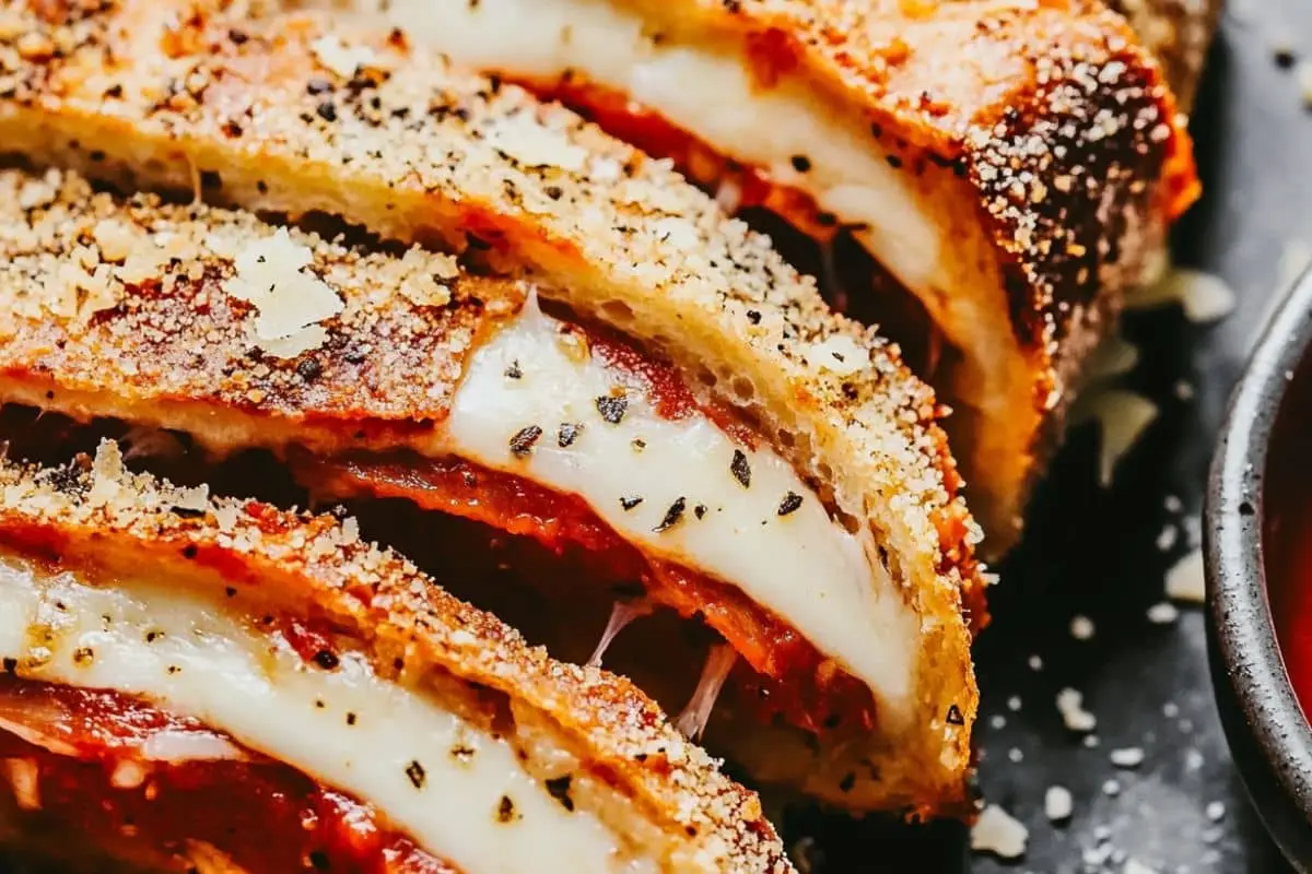 Golden-brown slices of stromboli filled with layers of pepperoni, cheese, and seasonings, served with marinara sauce.