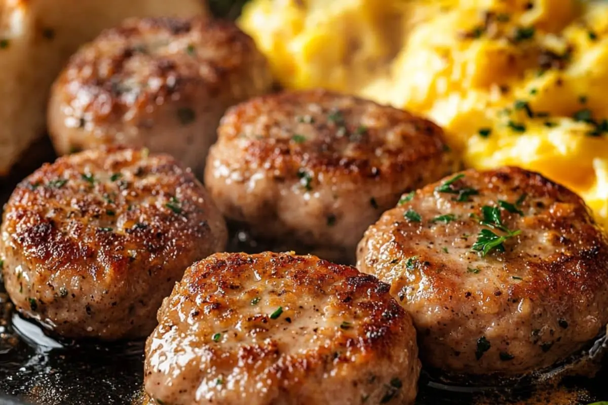 Homemade chicken breakfast sausage patties sizzling in a pan