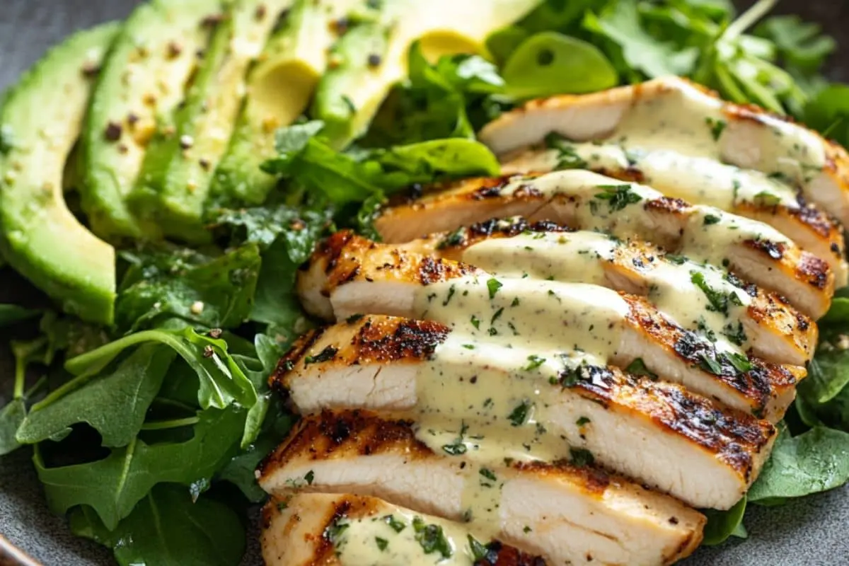 A keto meal with grilled chicken, avocado, and ranch dressing.