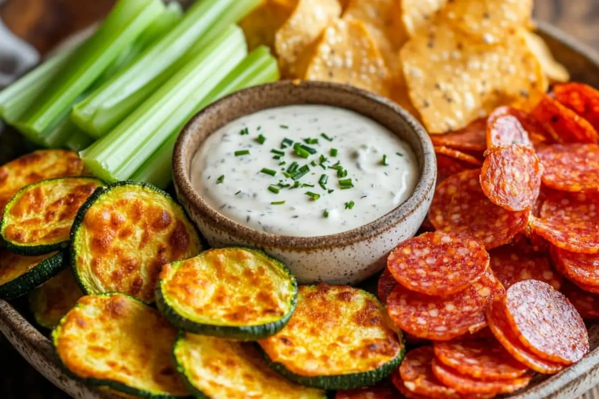 A bowl of homemade keto ranch dressing garnished with fresh chopped chives, surrounded by crispy zucchini chips, celery sticks, and pepperoni slices.