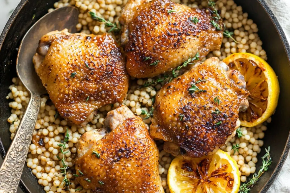 Skillet with spiced chicken thighs, Israeli couscous, and lemon slices garnished with fresh thyme.