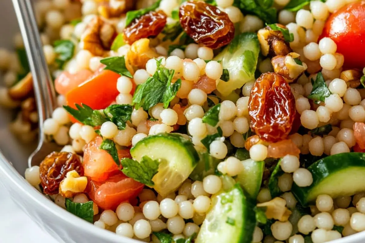 A fresh Mediterranean pearl couscous salad with cucumbers, tomatoes, golden raisins, walnuts, and parsley in a white bowl.