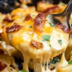 A fork lifting a portion of cheesy bacon potatoes, with melted cheese stretching and crispy bacon on top