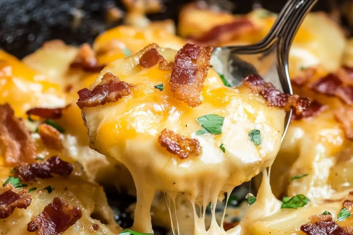 A fork lifting a portion of cheesy bacon potatoes, with melted cheese stretching and crispy bacon on top