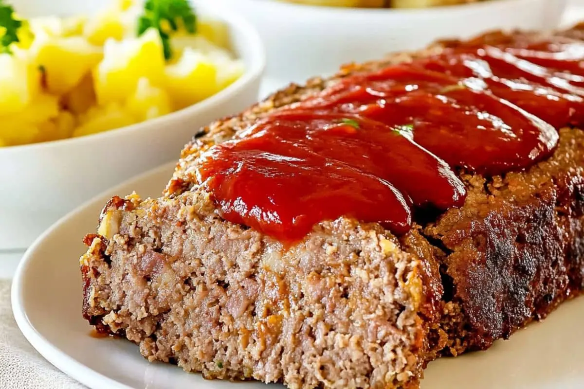 A slice of homemade meatloaf with a ketchup glaze, served on a white plate with a side of mashed potatoes.